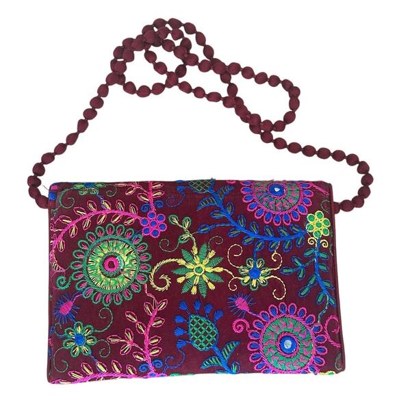 Boho Burgundy Embroidered Crossbody Bag 8x6x0 Envelope Zip Top Festival Vegan - Picture 2 of 5